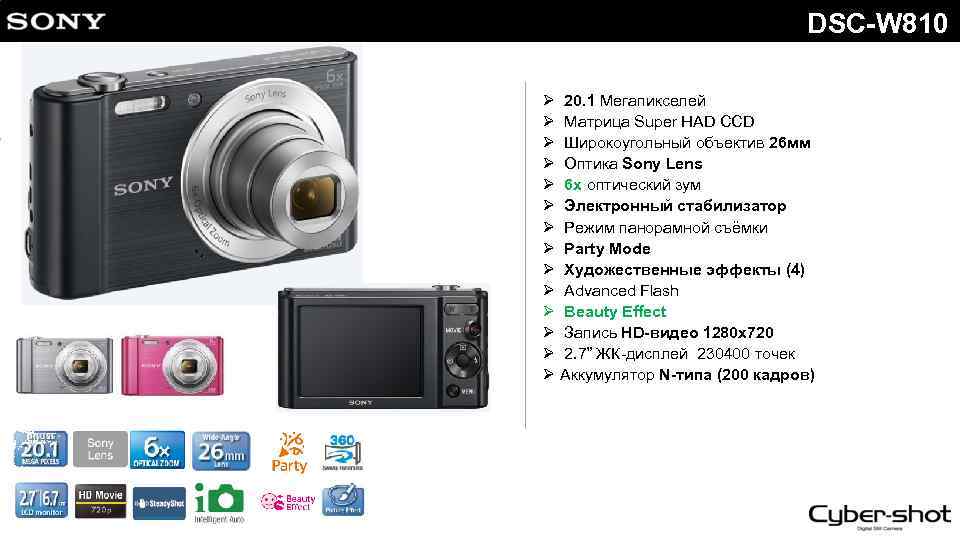 DSC-W 810 Ø 20. 1 Мегапикселей Ø Матрица Super HAD CCD Ø Широкоугольный объектив