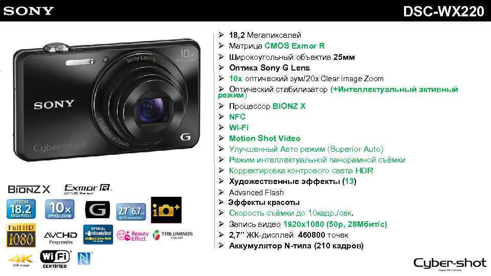 DSC-WX 220 Ø 18, 2 Мегапикселей Ø Матрица CMOS Exmor R Ø Широкоугольный объектив
