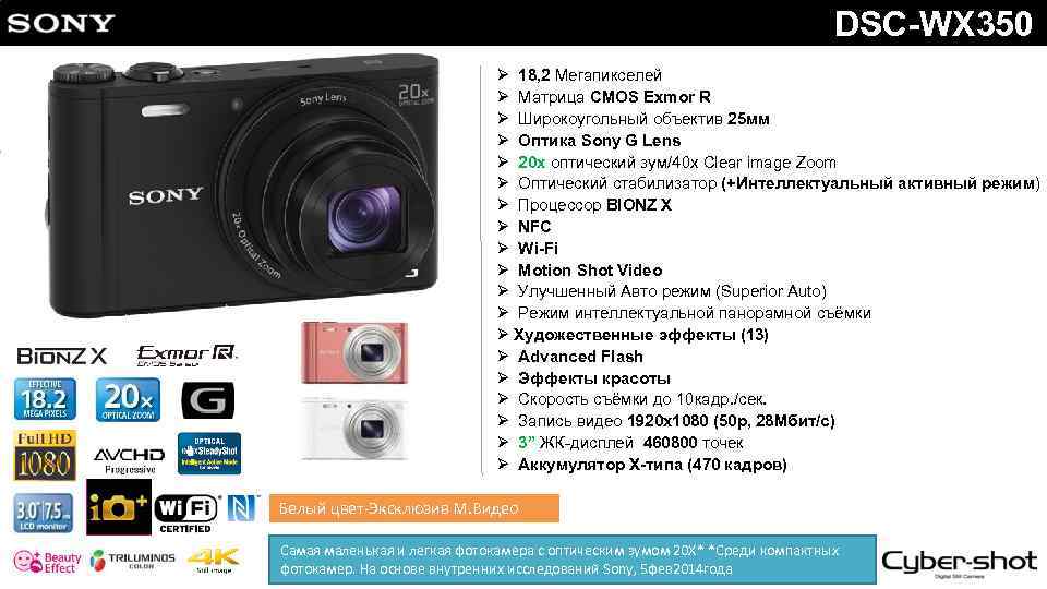 DSC-WX 350 Ø 18, 2 Мегапикселей Ø Матрица CMOS Exmor R Ø Широкоугольный объектив