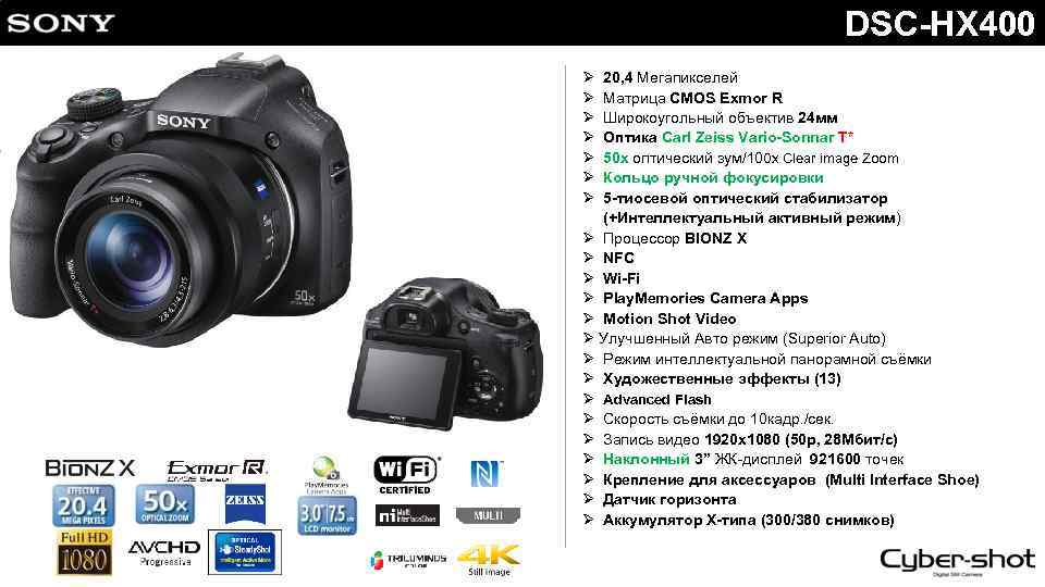 DSC-HX 400 Ø Ø Ø Ø 20, 4 Мегапикселей Матрица CMOS Exmor R Широкоугольный