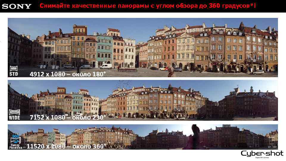 Снимайте качественные панорамы с углом обзора до 360 градусов*! 4912 x 1080 – около