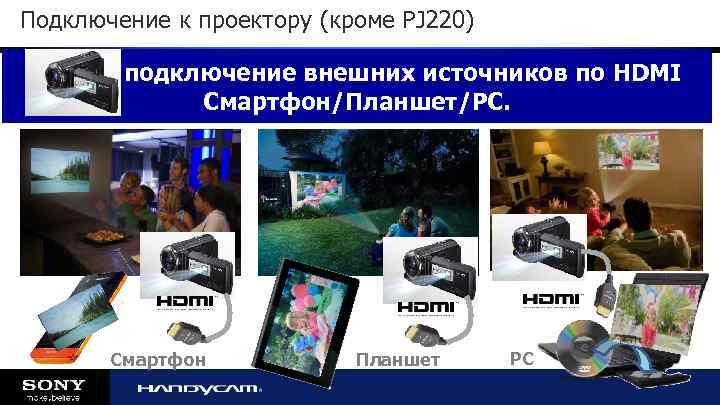Подключение к проектору (кроме PJ 220) подключение внешних источников по HDMI Смартфон/Планшет/PC. Смартфон Планшет