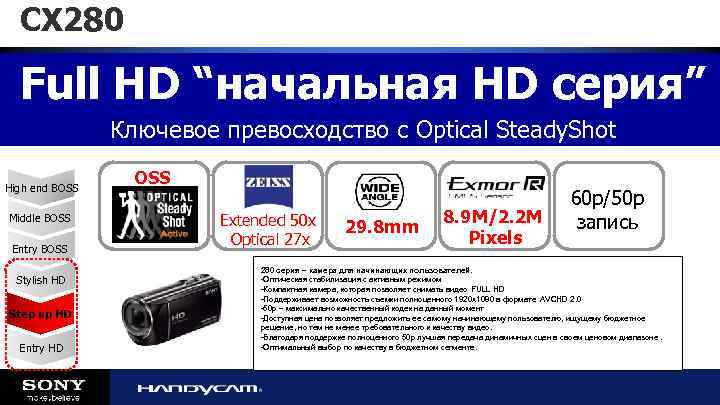 CX 280 Full HD “начальная HD серия” Ключевое превосходство с Optical Steady. Shot High