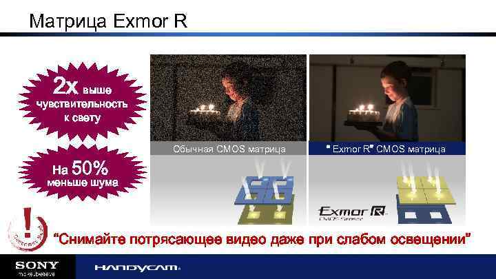 Матрица Exmor R 2 x выше чувствительность к свету На 50% Обычная CMOS матрица
