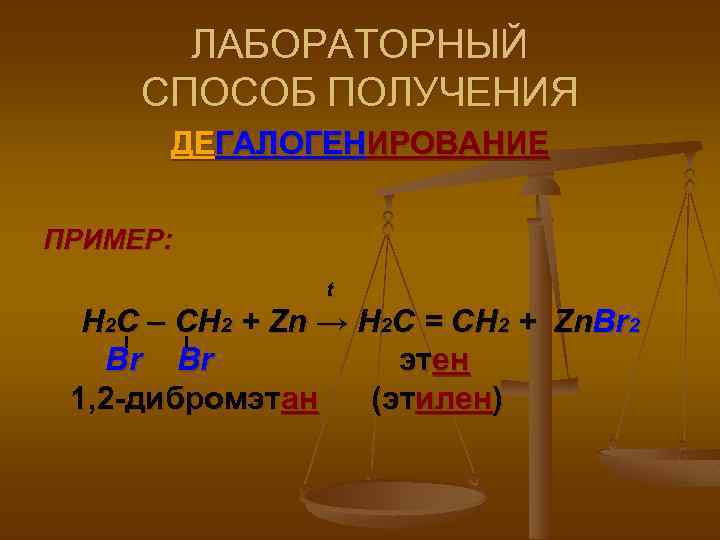 ЛАБОРАТОРНЫЙ СПОСОБ ПОЛУЧЕНИЯ ДЕГАЛОГЕНИРОВАНИЕ ПРИМЕР: t Н 2 С – СН 2 + Zn