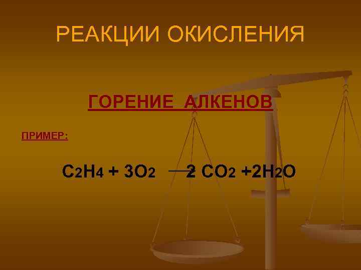 РЕАКЦИИ ОКИСЛЕНИЯ ГОРЕНИЕ АЛКЕНОВ ПРИМЕР: С 2 Н 4 + 3 О 2 2