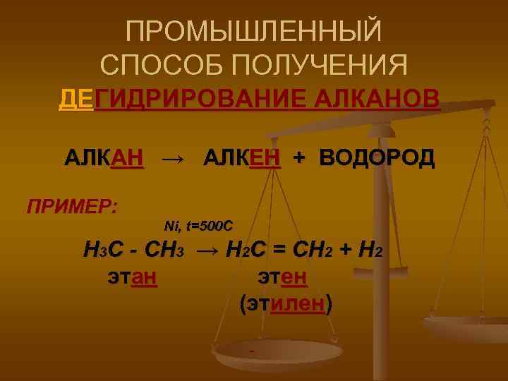 ПРОМЫШЛЕННЫЙ СПОСОБ ПОЛУЧЕНИЯ ДЕГИДРИРОВАНИЕ АЛКАНОВ АЛКАН → АЛКЕН + ВОДОРОД ПРИМЕР: Ni, t=500 C