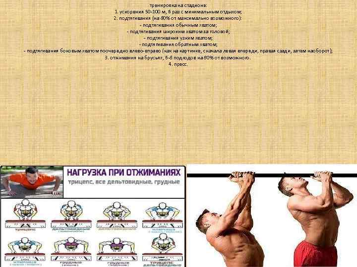 тренировка на стадионе: 1. ускорения 50 -100 м, 6 раз с минимальным отдыхом; 2.