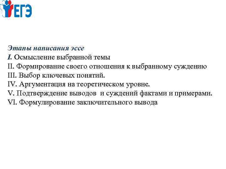 Этапы написания эссе I. Осмысление выбранной темы II. Формирование своего отношения к выбранному суждению