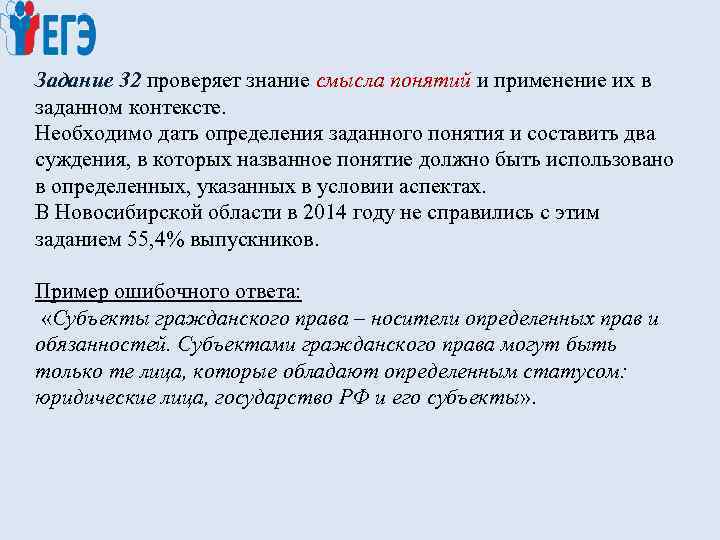 Задание 32 проверяет знание смысла понятий и применение их в заданном контексте. Необходимо дать