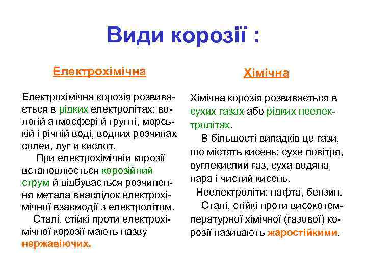 Види корозії : Електрохімічна Хімічна Електрохімічна корозія розвивається в рідких електролітах: вологій атмосфері й