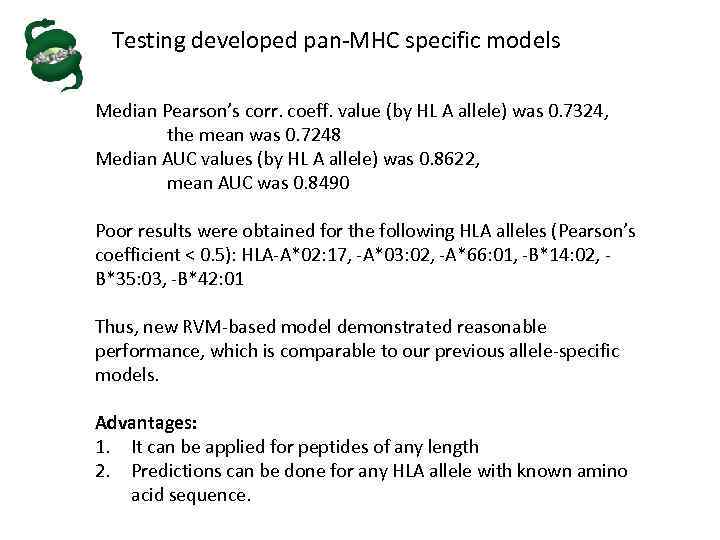 Testing developed pan-MHC specific models Median Pearson’s corr. coeff. value (by HL A allele)