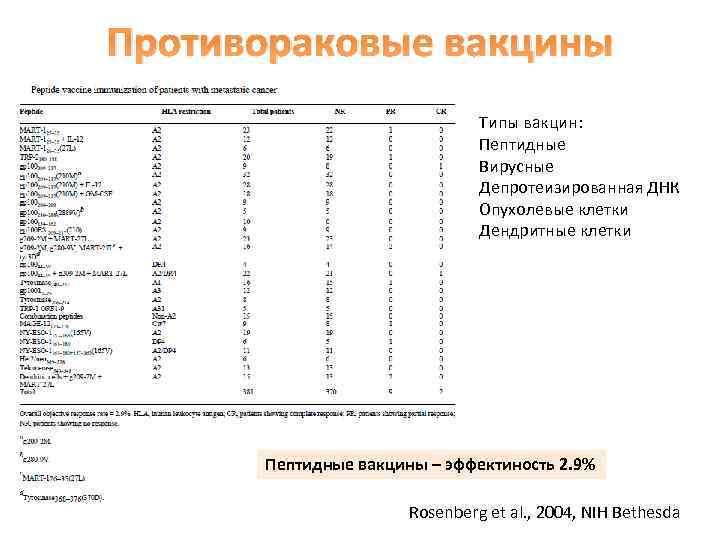 Противораковые вакцины Типы вакцин: Пептидные Вирусные Депротеизированная ДНК Опухолевые клетки Дендритные клетки Пептидные вакцины