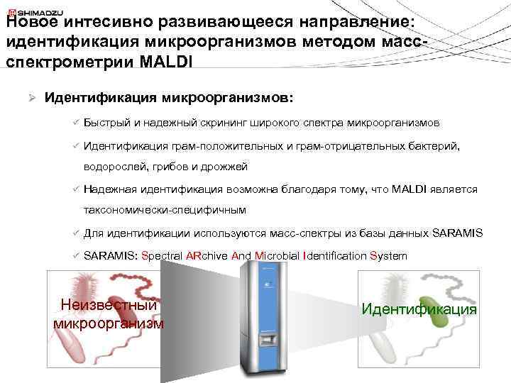 Новое интесивно развивающееся направление: идентификация микроорганизмов методом массспектрометрии MALDI Ø Идентификация микроорганизмов: ü Быстрый