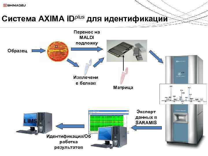 Система AXIMA i. Dplus для идентификации Перенос на MALDI подложку Образец Извлечени е белков