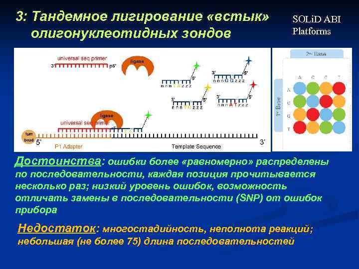 3: Тандемное лигирование «встык» олигонуклеотидных зондов SOLi. D ABI Platforms Достоинства: ошибки более «равномерно»