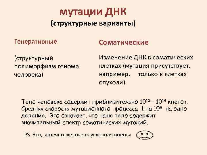 мутации ДНК (структурные варианты) Генеративные Соматические (структурный полиморфизм генома человека) Изменение ДНК в соматических