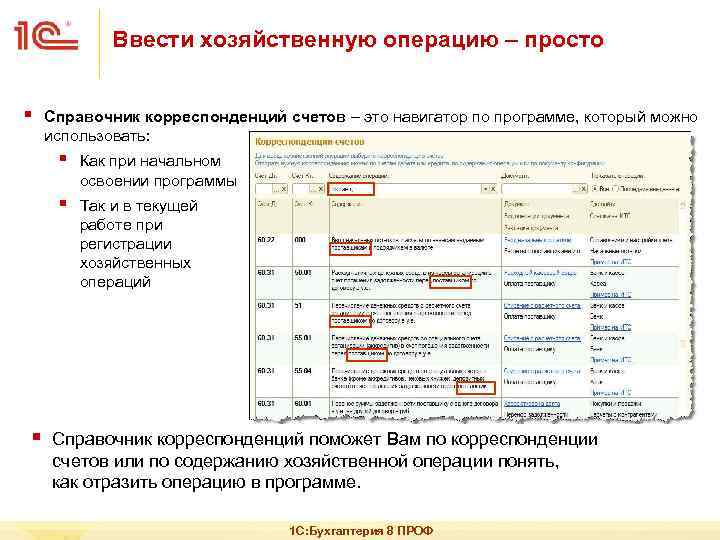 Ввести хозяйственную операцию – просто § Справочник корреспонденций счетов – это навигатор по программе,