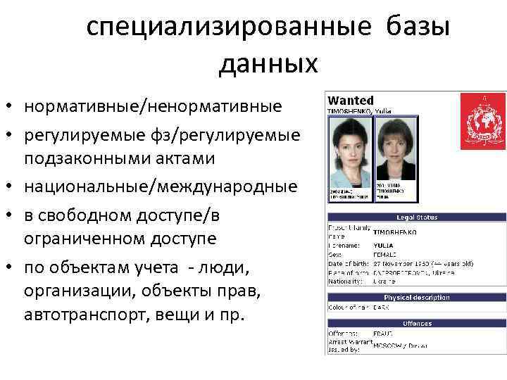 специализированные базы данных • нормативные/ненормативные • регулируемые фз/регулируемые подзаконными актами • национальные/международные • в