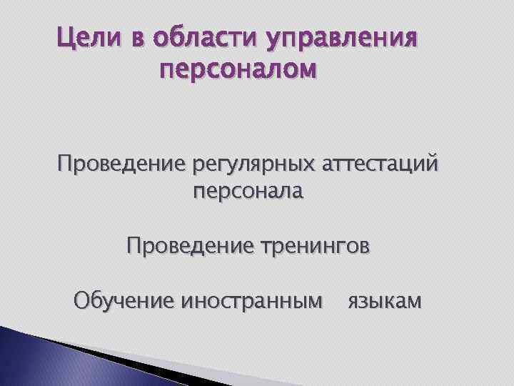 Цели в области управления персоналом Проведение регулярных аттестаций персонала Проведение тренингов Обучение иностранным языкам