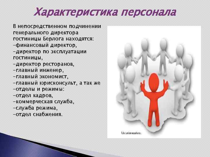 Характеристика персонала В непосредственном подчинении генерального директора гостиницы Берлога находятся: -финансовый директор, -директор по