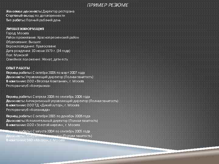 ПРИМЕР РЕЗЮМЕ Желаемая должность: Директор ресторана Стартовый оклад: по договоренности Тип работы: Полный рабочий