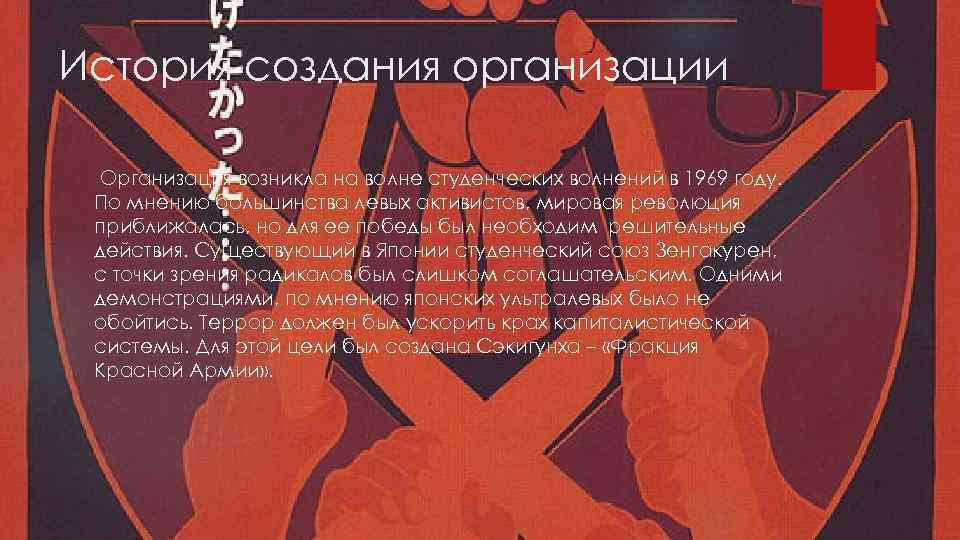 История создания организации Организация возникла на волне студенческих волнений в 1969 году. По мнению