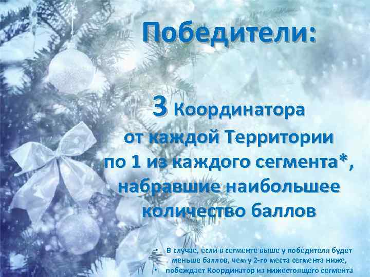 Победители: 3 Координатора от каждой Территории по 1 из каждого сегмента*, набравшие наибольшее количество