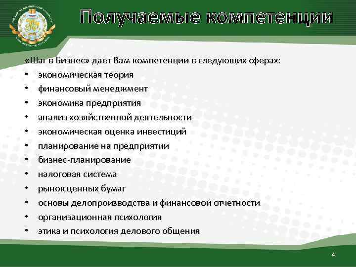 Получаемые компетенции «Шаг в Бизнес» дает Вам компетенции в следующих сферах: • экономическая теория