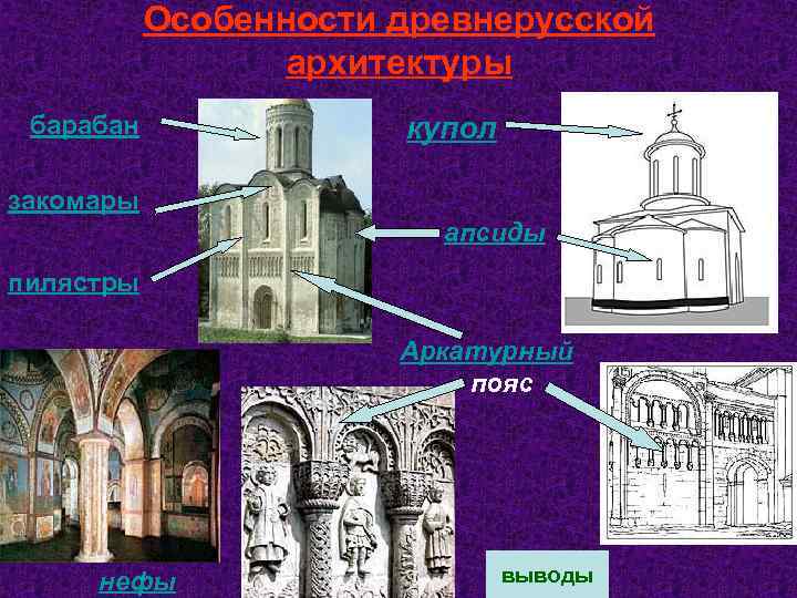 Особенности древнерусской архитектуры барабан купол закомары апсиды пилястры Аркатурный пояс нефы выводы 