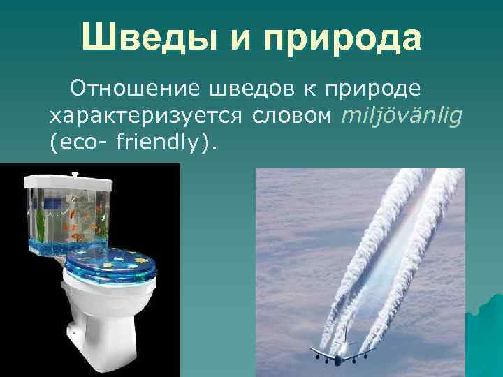 Шведы и природа Отношение шведов к природе характеризуется словом miljövänlig (eco- friendly). 