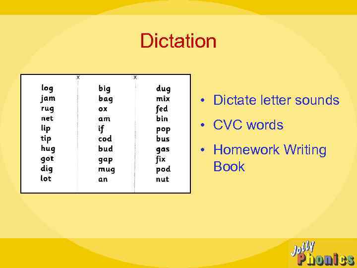 Dictation • Dictate letter sounds • CVC words • Homework Writing Book 