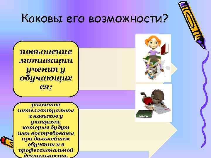 Каковы его возможности? повышение мотивации учения у обучающих ся; развитие интеллектуальны х навыков у