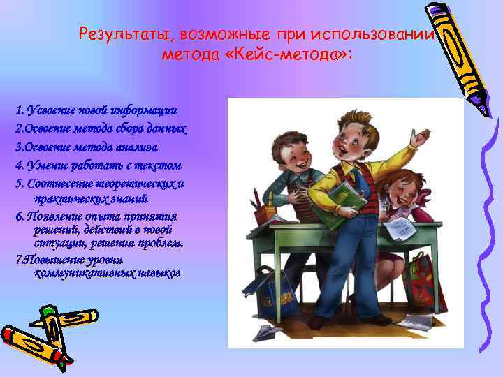 Результаты, возможные при использовании метода «Кейс-метода» : 1. Усвоение новой информации 2. Освоение метода