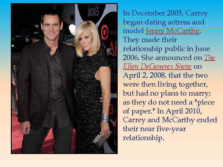 In December 2005, Carrey began dating actress and model Jenny Mc. Carthy. They made