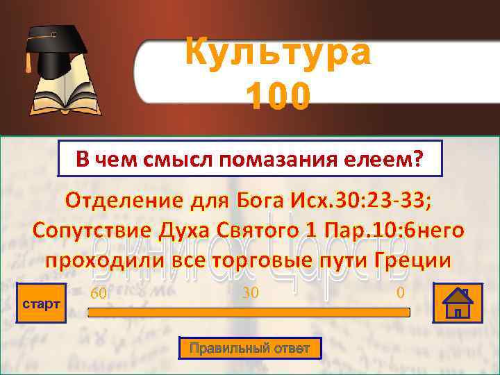 Культура 100 В чем смысл помазания елеем? Отделение для Бога Исх. 30: 23 -33;