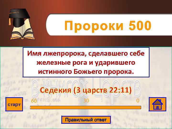 Пророки 500 Имя лжепророка, сделавшего себе железные рога и ударившего истинного Божьего пророка. Седекия