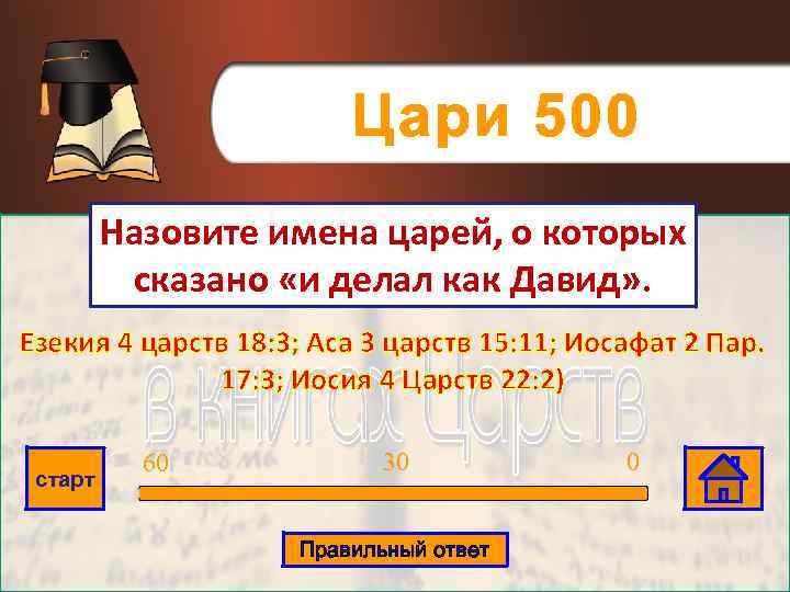 Цари 500 Назовите имена царей, о которых сказано «и делал как Давид» . Езекия