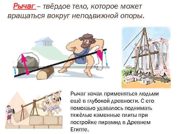 Рычаг – твёрдое тело, которое может вращаться вокруг неподвижной опоры. Рычаг начал применяться людьми