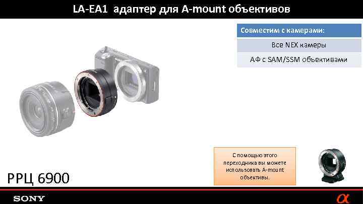 LA-EA 1 адаптер для A-mount объективов Совместим с камерами: Все NEX камеры АФ с
