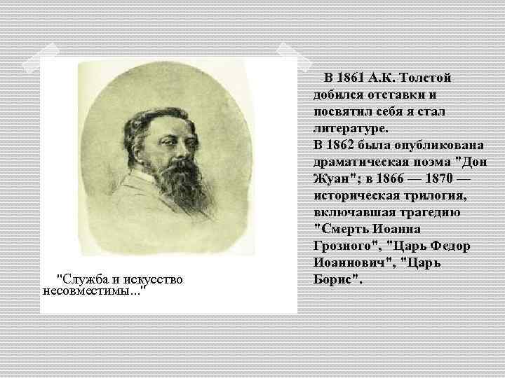 "Служба и искусство несовместимы. . . " В 1861 А. К. Толстой добился отставки