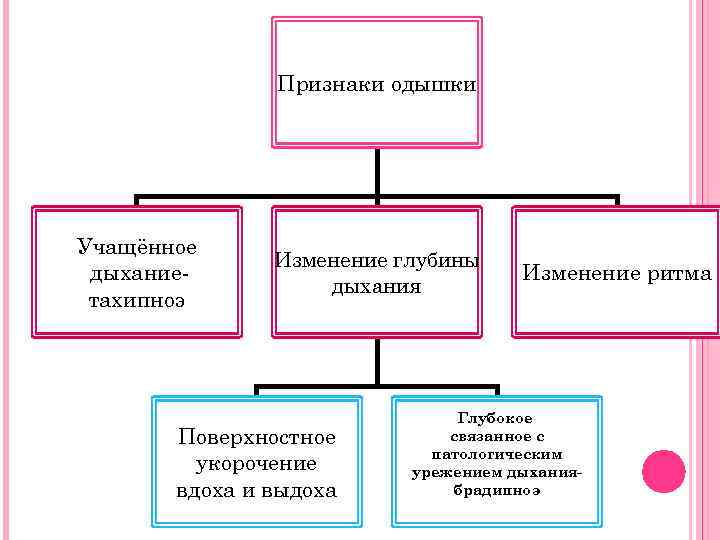 Признаки одышки Учащённое дыханиетахипноэ Изменение глубины дыхания Поверхностное укорочение вдоха и выдоха Изменение ритма