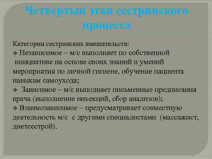 Четвёртый этап сестринского процесса Категории сестринских вмешательств: Независимое – м/с выполняет по собственной инициативе