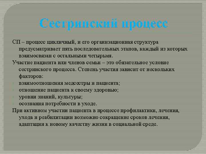 Сестринский процесс СП – процесс цикличный, и его организационная структура предусматривает пять последовательных этапов,