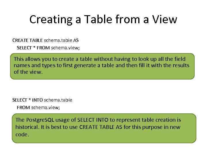 Creating a Table from a View CREATE TABLE schema. table AS SELECT * FROM