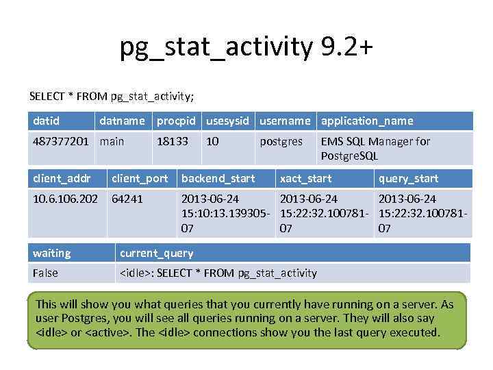 pg_stat_activity 9. 2+ SELECT * FROM pg_stat_activity; datid datname procpid usesysid username application_name 487377201