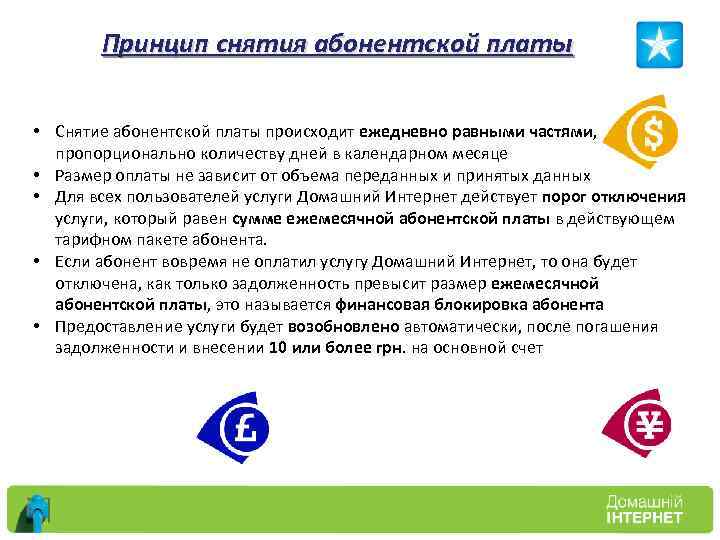 Принцип снятия абонентской платы • Снятие абонентской платы происходит ежедневно равными частями, пропорционально количеству
