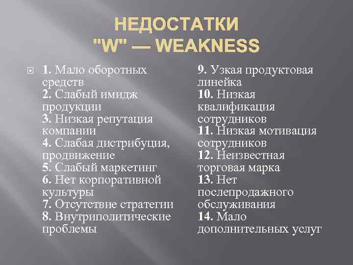 НЕДОСТАТКИ "W" — WEAKNESS 1. Мало оборотных средств 2. Слабый имидж продукции 3. Низкая