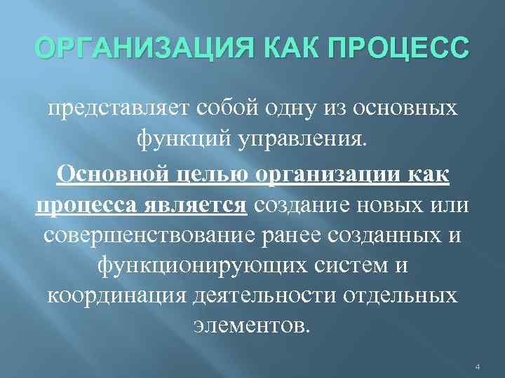 ОРГАНИЗАЦИЯ КАК ПРОЦЕСС представляет собой одну из основных функций управления. Основной целью организации как