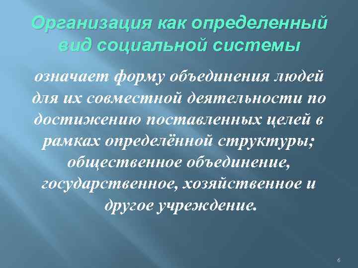 Организация как определенный вид социальной системы означает форму объединения людей для их совместной деятельности